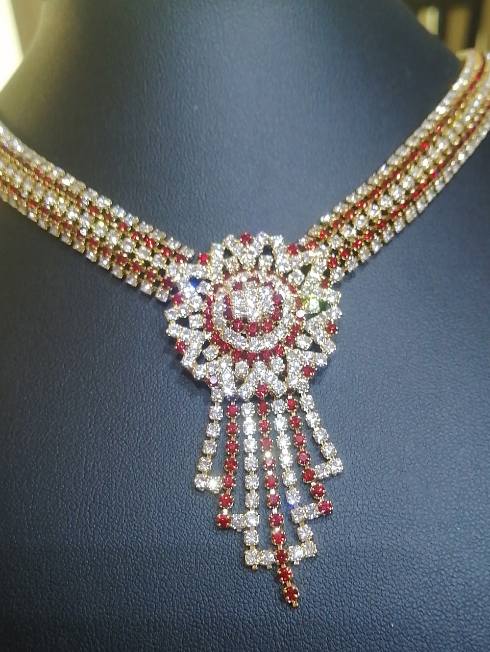 Ruby Red And Clear Sparkling Crystals Statement Adjustable Necklace 18" Long
